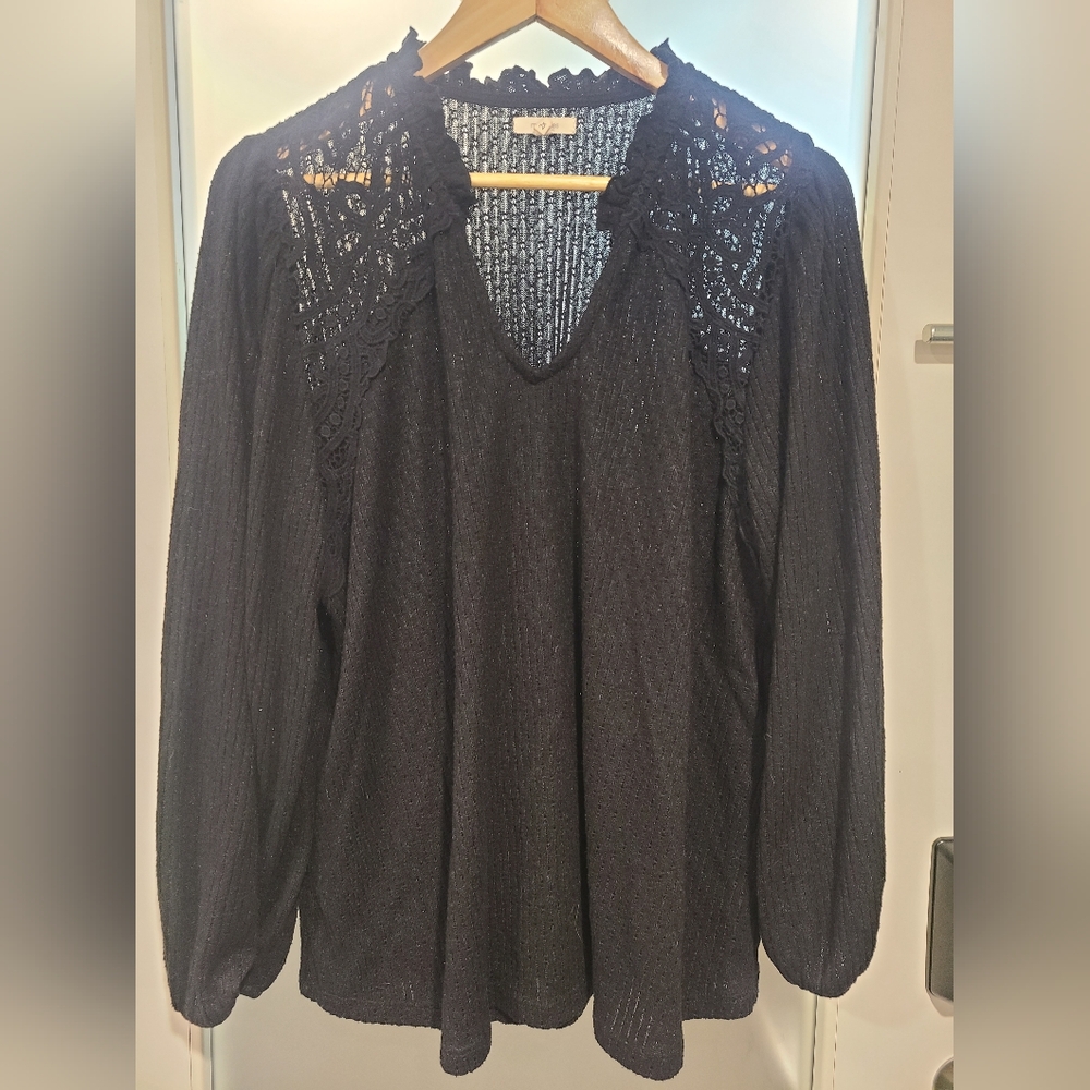 Maurices Black Top Sweater V Neck Lace/Crochet Shoulders